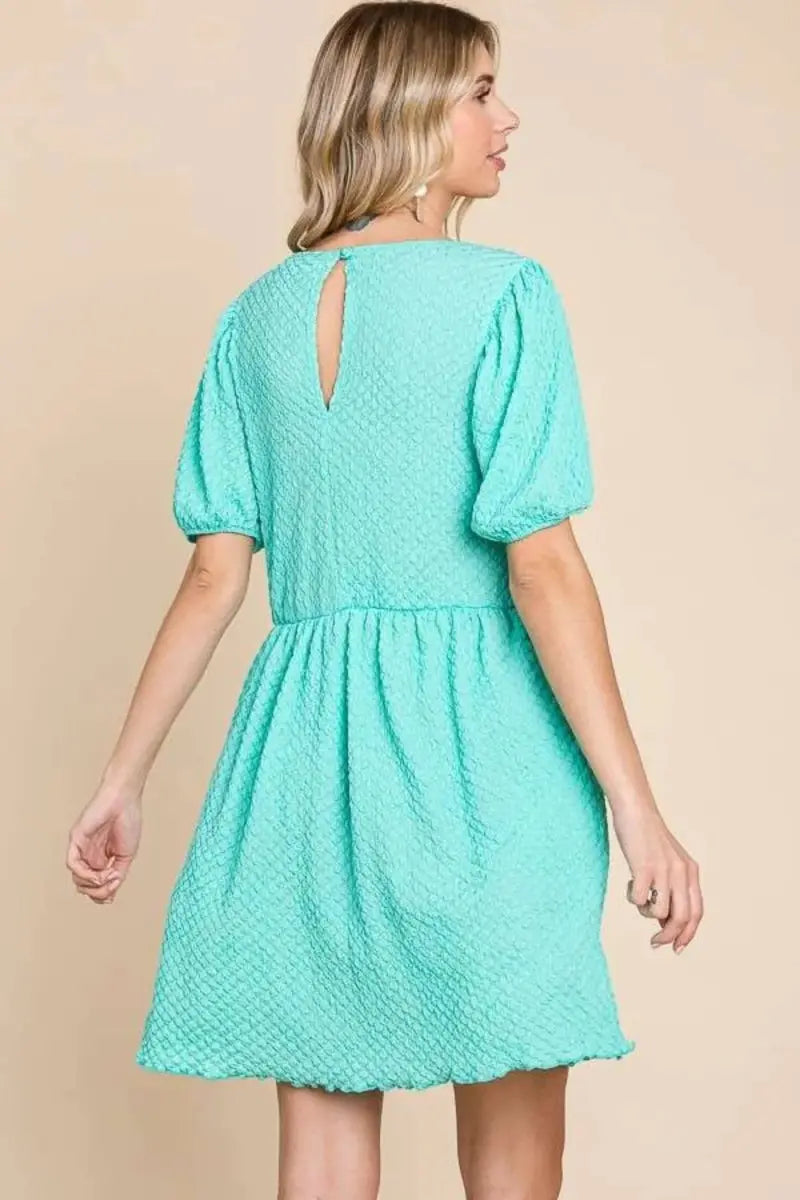 Culture Code Full Size Textured Round Neck Puff Sleeve Dress - Love Salve